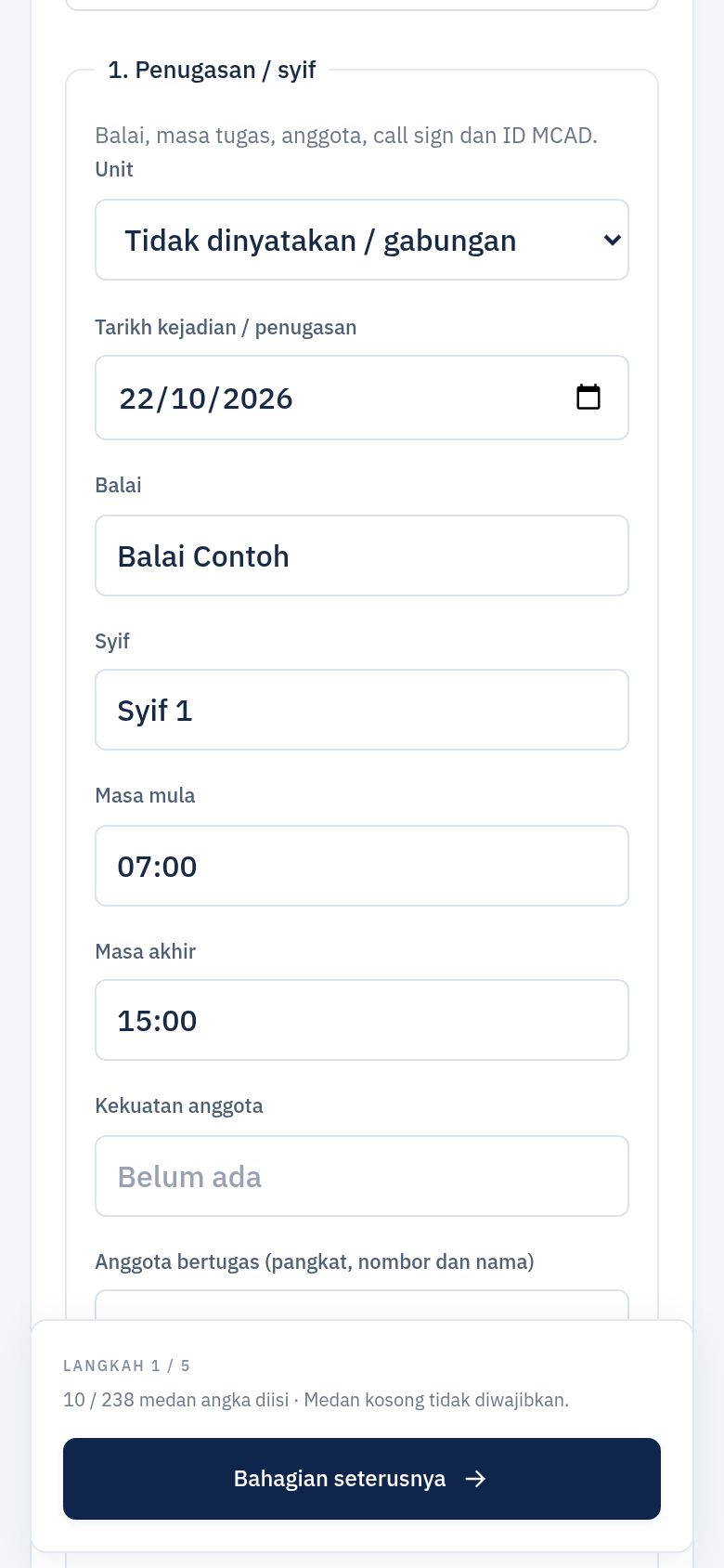 Butiran tambahan dibuka dengan satu rekod Penugasan / syif yang diisi sebahagian: balai, syif, masa mula dan masa akhir.